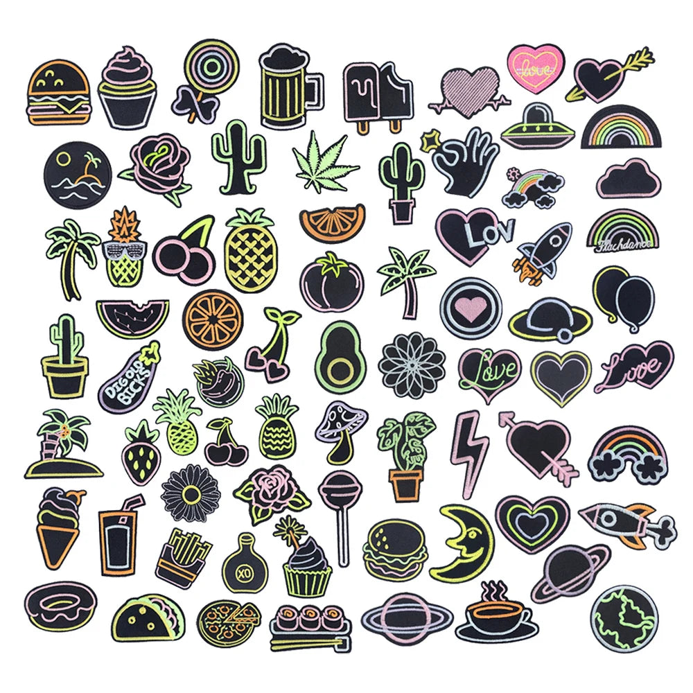 Creative Fruit Vegetable Food Planet Heart love Design Iron on Embroidery Glow in Dark Luminous Patches