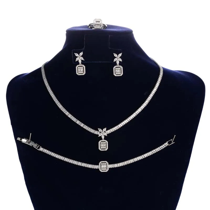 Flower Shaped Pedant Necklace Earrings Bracelet Ring Weeding Jewelry Set Cubic Zircon Bridal Jewelry BN8982