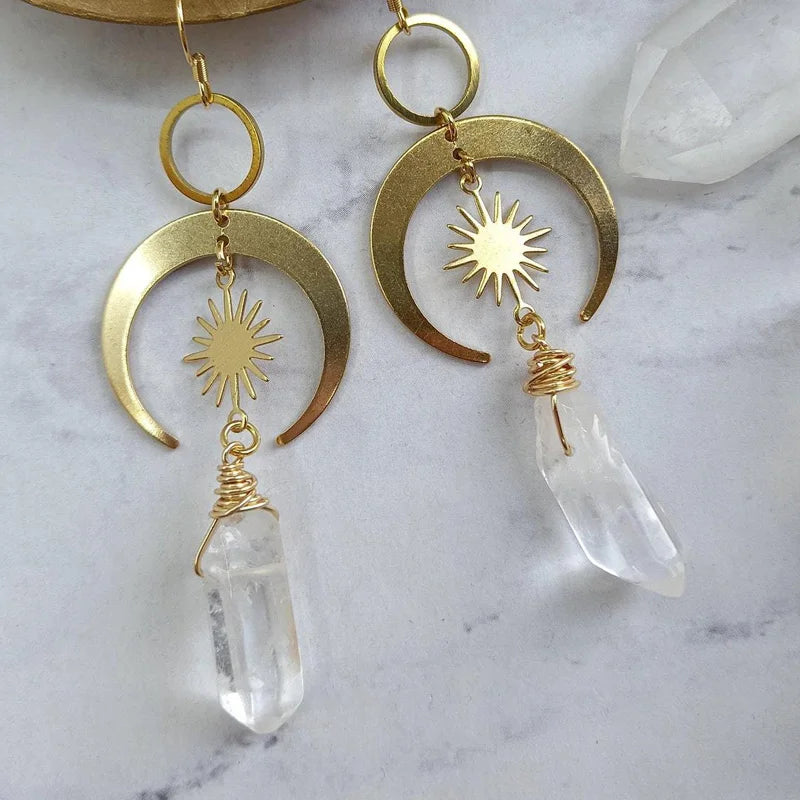 Natural White Crystal Pendant Earrings Quartz Moon Dangle Earrings for Women Beloved Jewelry