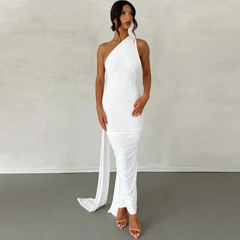2026 New Fashion Ladies Elegant Party Club Dress Y2K One Shoulder Backless Maxi Long Dress Solid Summer Clothing