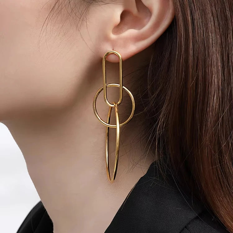 Triple Big Round Hoops Earrings Gold Plated Stainless Steel Jewelry Wire Circles Interlocking Drop Dangle Earrings for Women
