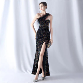31612# 2024 Ostrich Plush Bottom Handmade Beads High-end One-shoulder Evening Dress