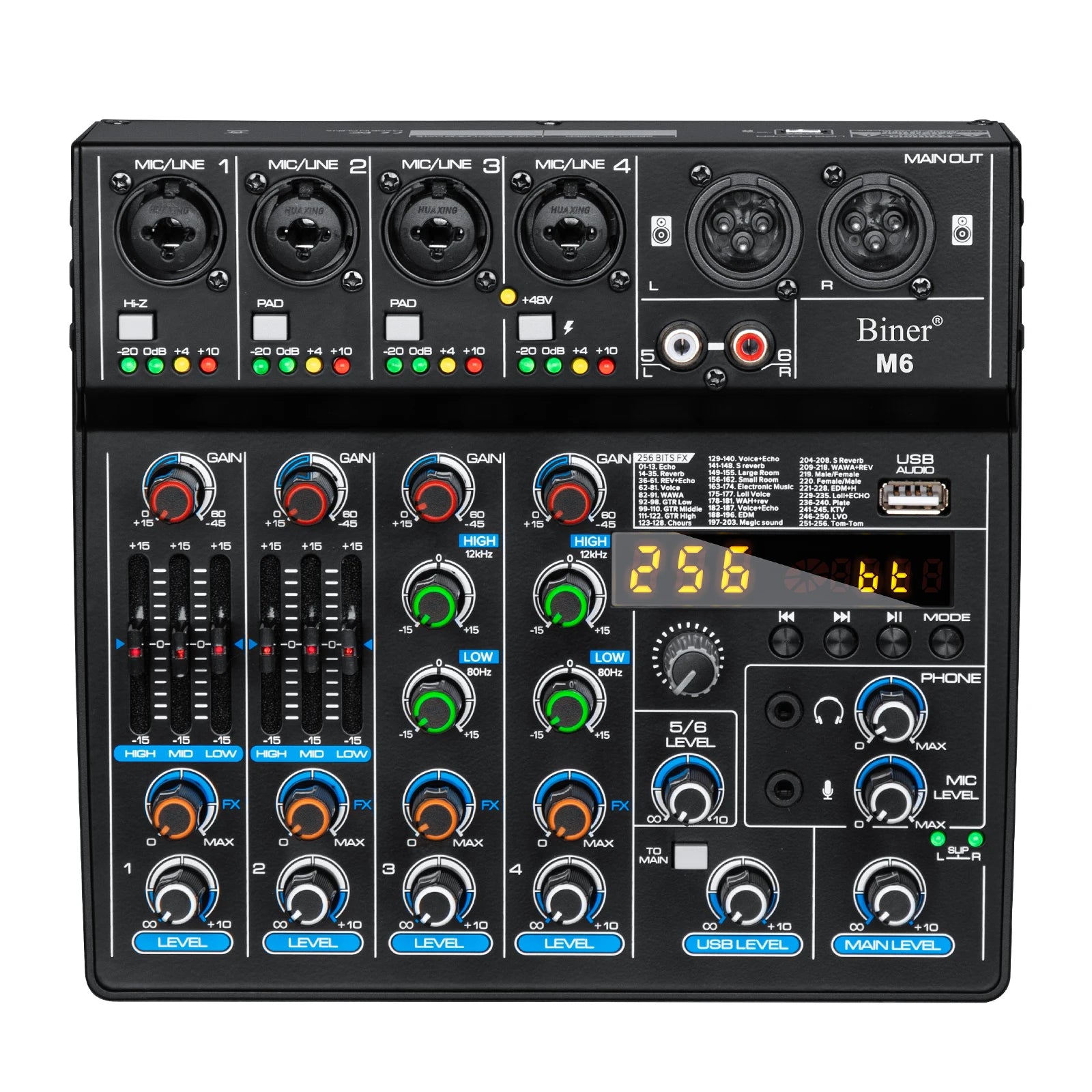 Biner M6 Professional Built-in 256 Effects Reverb 6 Channel Digital USB Sound Audio Mixer for Stage Performance