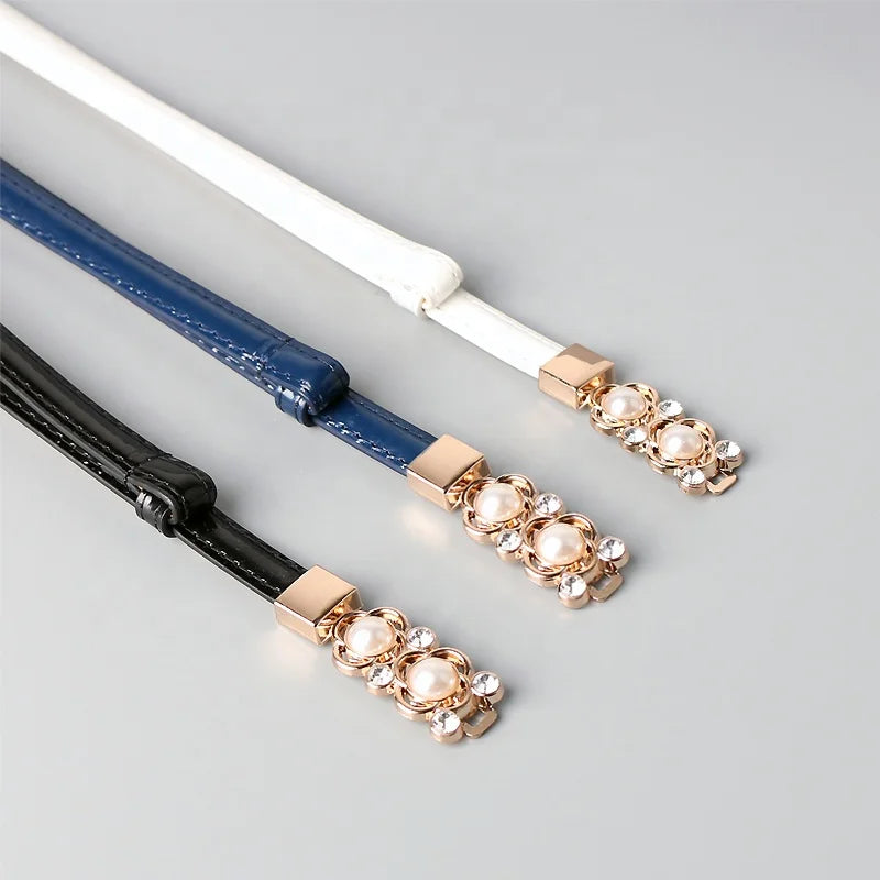 Adjustable PU Molle Belt with Fashionable Pearl Flower and Diamond Section Thin Design Alloy Buckle