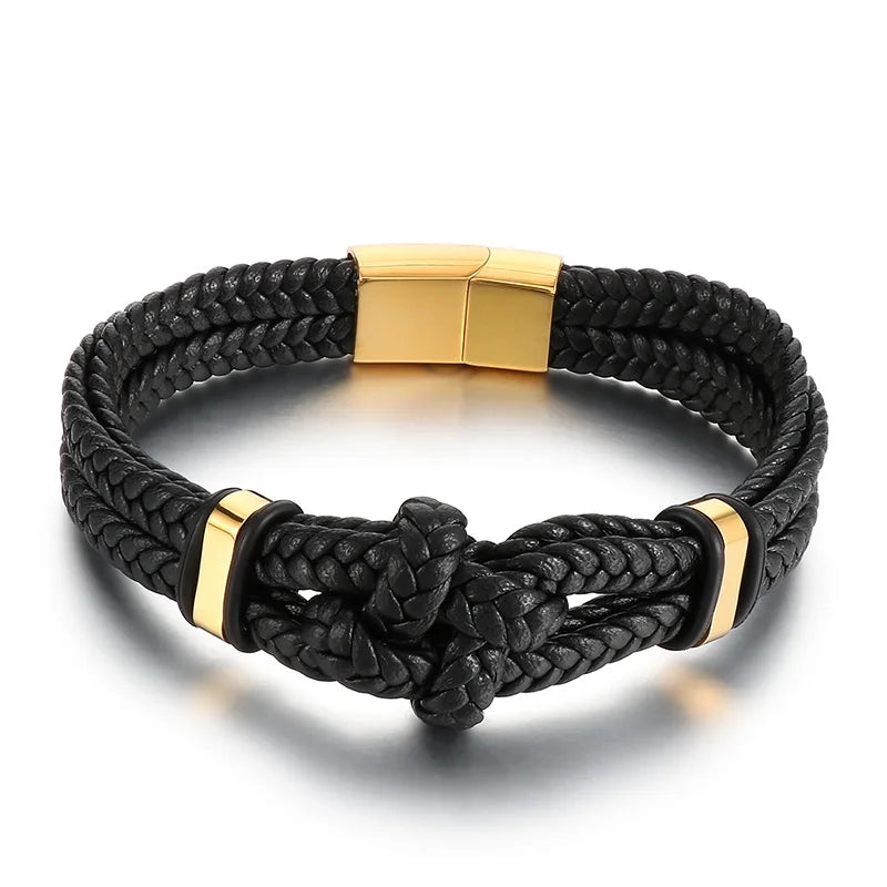 KALEN 210mm Unisex Mature Silver/Black/Gold Stainless Steel&Cowhide Leather Knot Bracelet