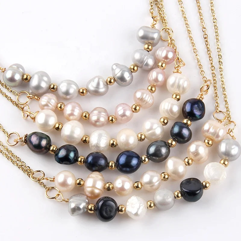 Beautiful  Zinc Alloy Gold Thin Chain Women Collar De Perlas Black pink White Choker Freshwater Pearl Necklace