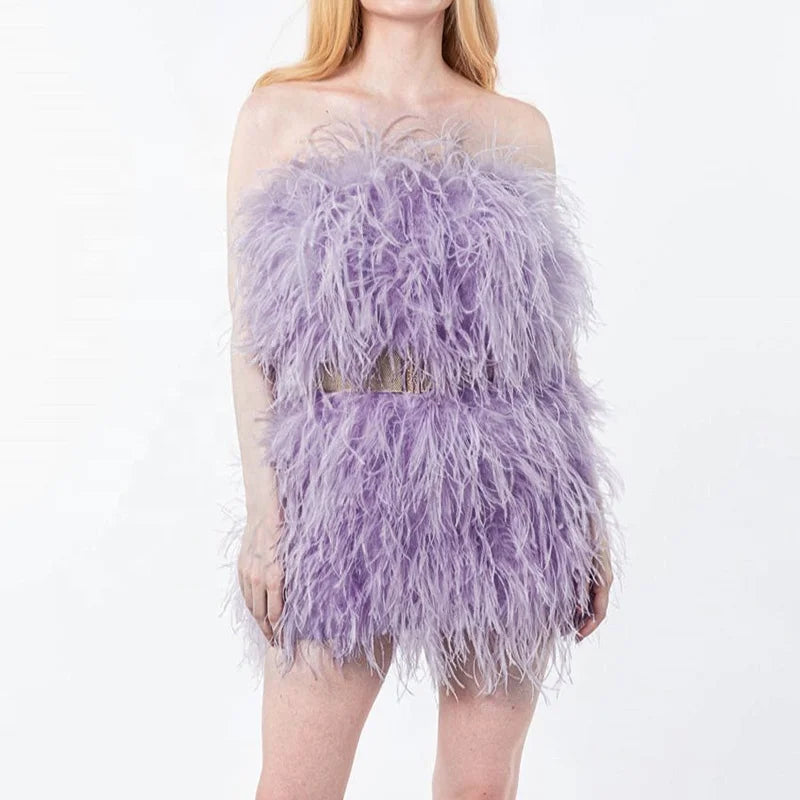Hot Pink Ladies Summer Mini Dress Fantasy Cocktail Ostrich Feather Evening Dress
