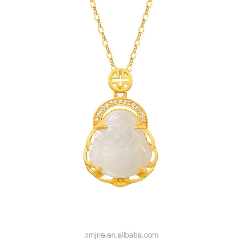 Certified S925 Ancient Silver Gold-Plated Inlaid Jade Big Belly Buddha Pendant Necklace Natural Hetian White Jade Silver Jewelry
