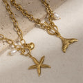 New Summer Beach Jewelry Stainless Steel 18k Gold Plated OT Buckle Pearl Starfish Fishtail Pendant Necklace for Women