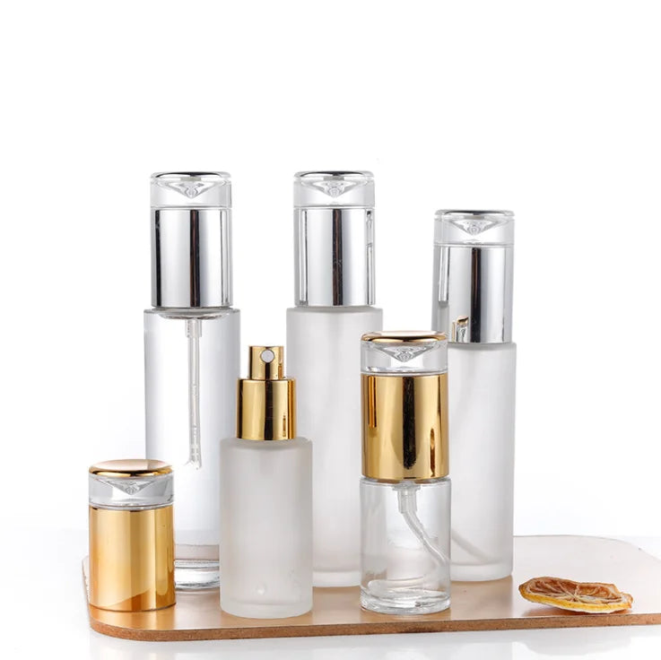 Custom Frosted clear Lotion Pump Bottle Packaging 50ml 100ml Cosmetic Facial Care Tube Serum Glass Bottle Cream Jar