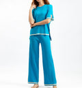 One Size Fashion Style Set Contrast Split Short Sleeve Knit Shirt+High Waist Wide Leg Pants Two Piece Set