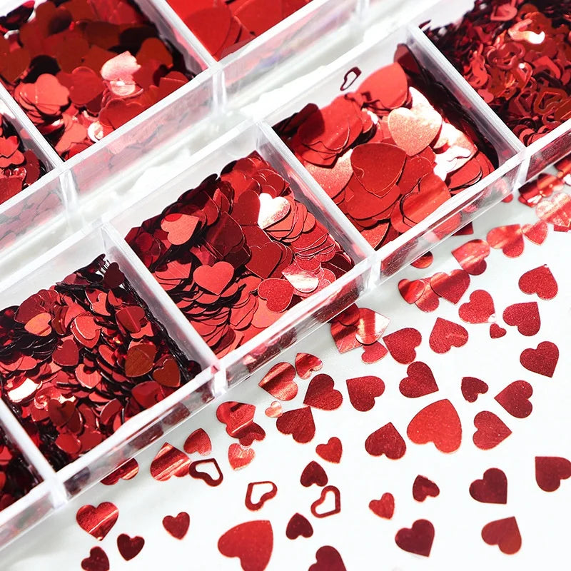 Paso Sico Japanese 3D Red Heart Valentine's Day Nail Ornament 12 Grids/Box Mixed Sizes Designs Mixed Sequins Bulk DIY