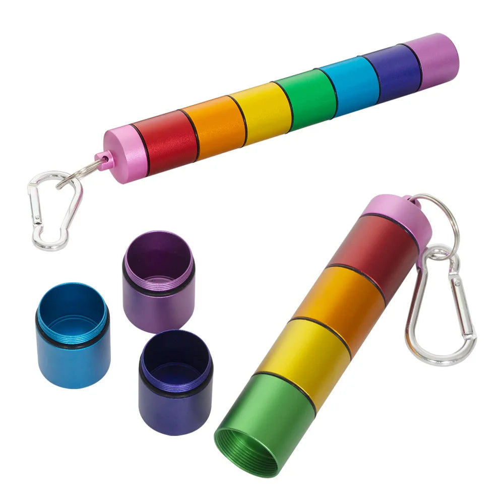 Aluminum Carabinas Clip Karabiner Keychain 7 Layers Cylindrical Sealed Moisture-proof Medicine Box Pill Bottle