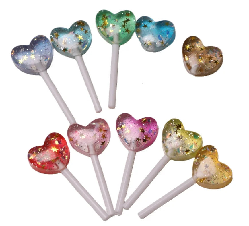 100 Pcs Mixed Heart Lollipop 21*48mm Glitter Lollipop Cute Flatback Resin Cabochons Decoration Crafts for Earrings Hair Crafts