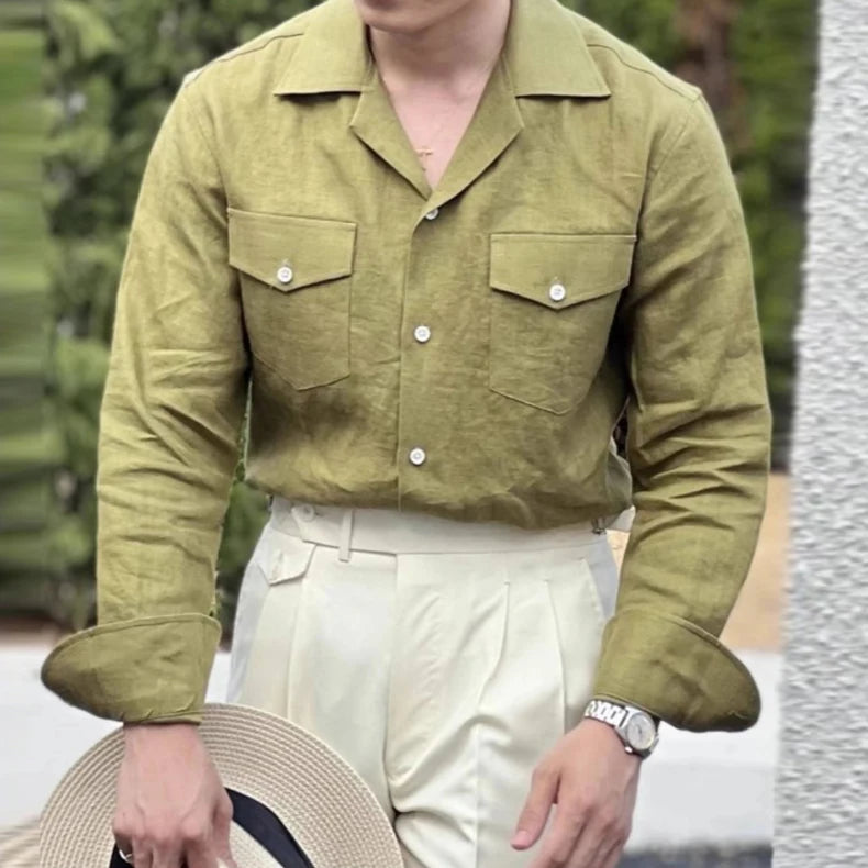 OEM Men's 100% Linen V-neck Long-Sleeve Button-Down Garment Dyed Anti-Pilling Casual Shirts Spring Season Wholesale