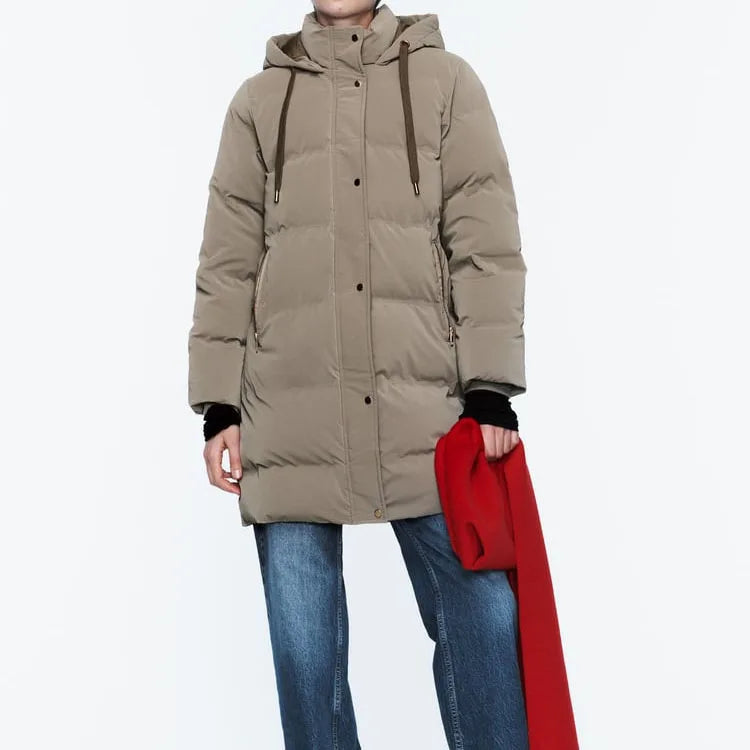 Custom Fashion Heavy Weight Long Length Front Hidden Zip Winter Puffer Coat for Women