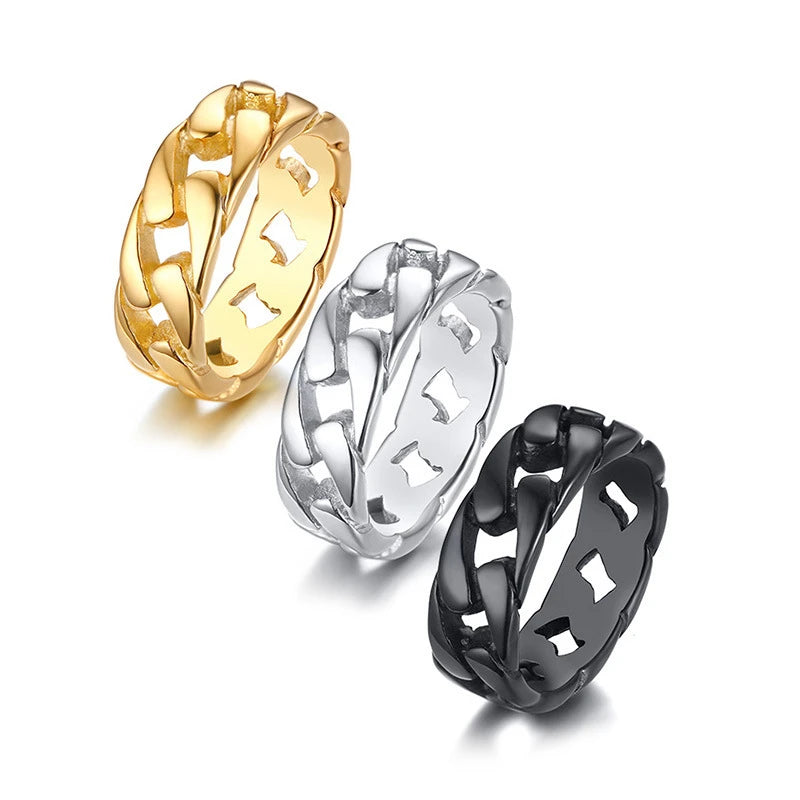 SC Wholesale Stainless Steel Rings Cuban Link Chain Rings High Polished Gold Silver Black Rings for Men Women