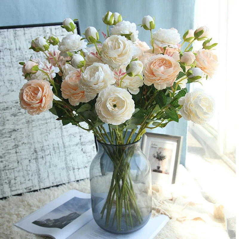 AF11109 Wholesale Artificial 3 Heads Silk Rose Peony Flowers Fake Faux Rose bunch for Wedding Home Decoration