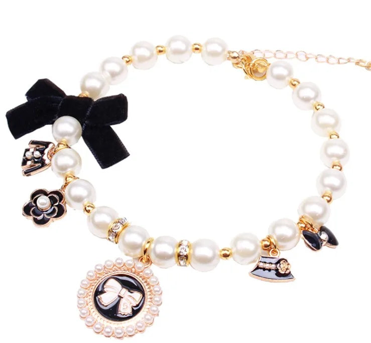 Wholesale Pet Collar Kitten Dog Bell Pearl Necklace Lady Jewelry Cartoon Cute Dog Chain Teddy Lace Bow Bell for Small Dogs
