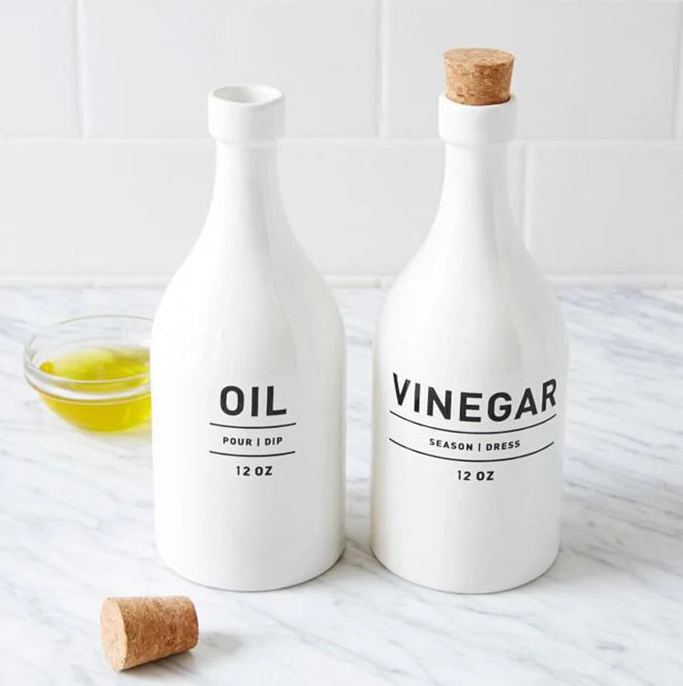 Factory Hot Sale Classical Ceramic Eco-Friendly Oil and Vinegar Bottles with Cork Stoppers for Kitchen Utensils