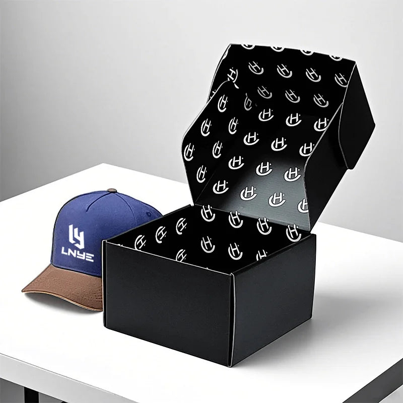 Wholesale Paperboard Mailing Boxes for Baseball Caps Custom Digital Printing with Embossing Gold Foil & UV Coating Lined Sponge