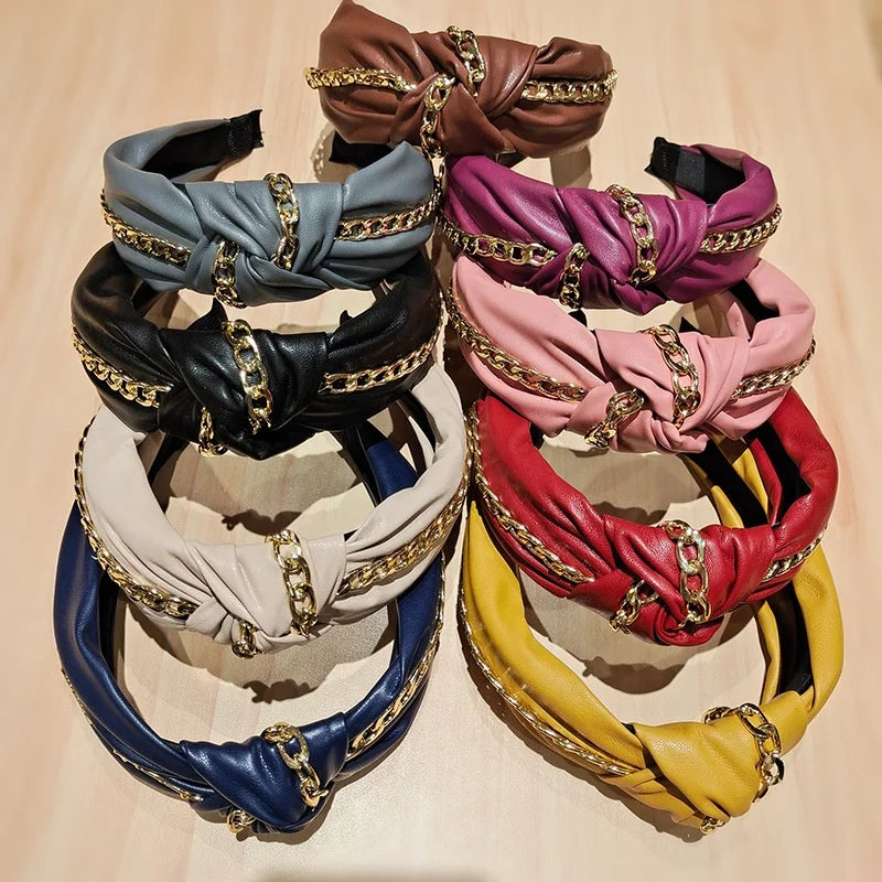 New Style Punk Headband PU Leather Chain Hair Accessories Knotted Twisted Wide-brimmed Hair Bundle Hair Band
