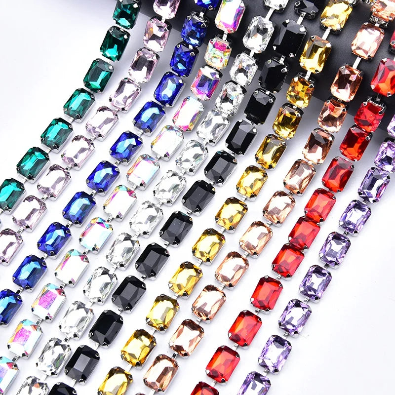1 Row Rectangle Glass Rhinestone Cup Chain Decorative Crystal Applique Trim for Clothing Wedding Belt Shoes DIY Accessories MegaBDM