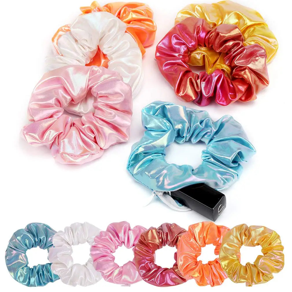 Women's Premium Holographic Pu Scrunchies with Zipper Pouch Iridescent Secret Zipper Hidden Pocket Scrunchies