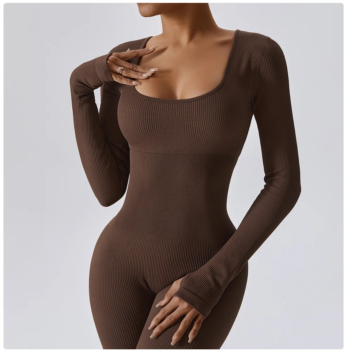 Women Ribbed Yoga Jumpsuit Long Sleeve Seamless Workout Bodysuit High Waist Gym Fitness Rompers Active Wear Sportswear
