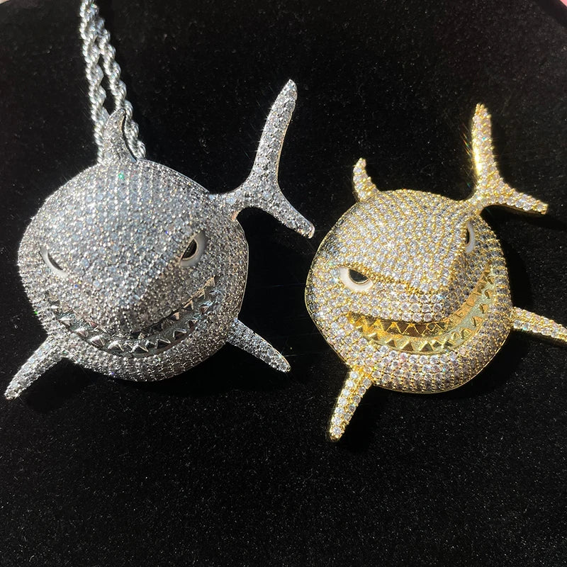 Hip Hop Iced Out CZ Shark Face Pendant Necklace Bling Bling Zicon Animal Pendant Necklace Rapper Jewelries