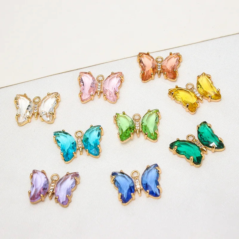 Delicate 15*19mm Colorful Butterfly Pendant Brass Colored Glass Zircon 3D Butterfly Pendant for Making Jewelry Accessories
