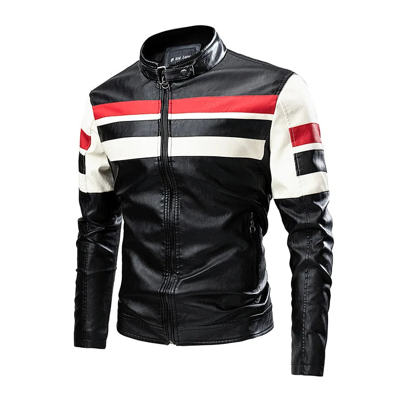 Cross-leather Coat Color-inserted Stand Collar PU Leather Motorcycle Coat Spring and Autumn Thin Casual Leather Jacket for Men