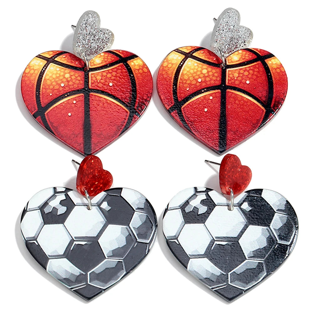 Low MOQ Wholesale Drop Earrings Yiwu Interesting Heart-shaped Sports Balls Basketball Soccer Baseball Rugby Acrylic Printed
