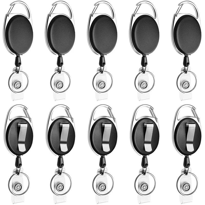 Retractable Badge Reel with Carabiner Belt Clip and Key Ring for Key Holder Black Keychain