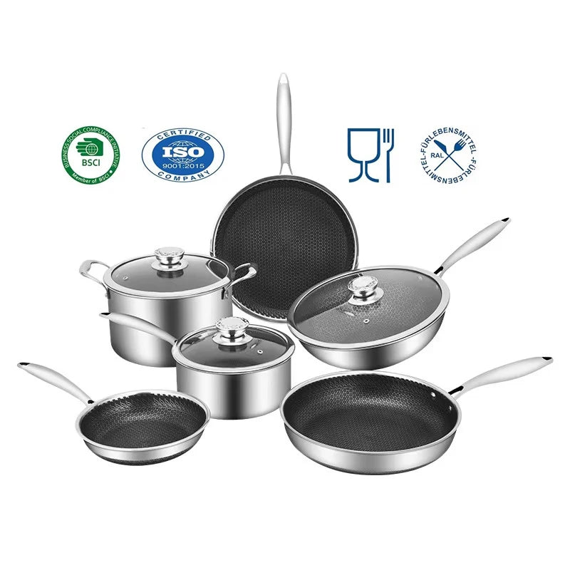 9pcs Classic 304/316 Triply Stainless Steel Kitchen Non-Stick Honeycomb Cookware Set Sauce Pots Frying Pans Induction Wok