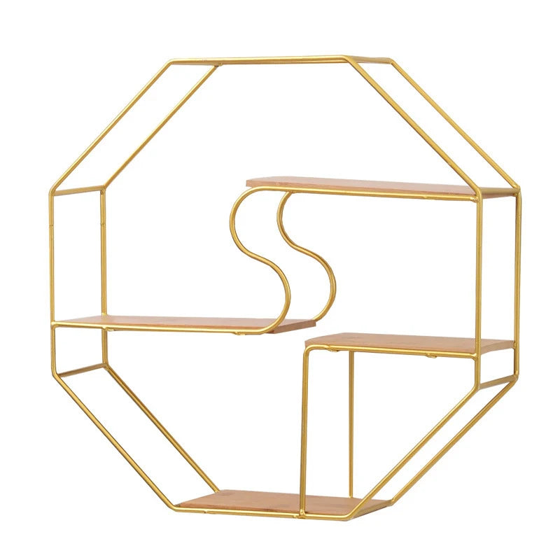 Gmart Mounted Hexagon Display Storage Rack Round Shape Hanging Wooden Frame Wood Metal Gold Shelf Floating Decor Wall Shelves