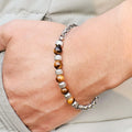 Adjustable 6mm Natural Tiger Eye Stone Beaded Bracelets Men Handmade Stainless Steel  Bracelet