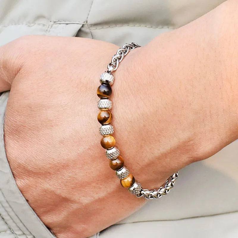 Adjustable 6mm Natural Tiger Eye Stone Beaded Bracelets Men Handmade Stainless Steel  Bracelet