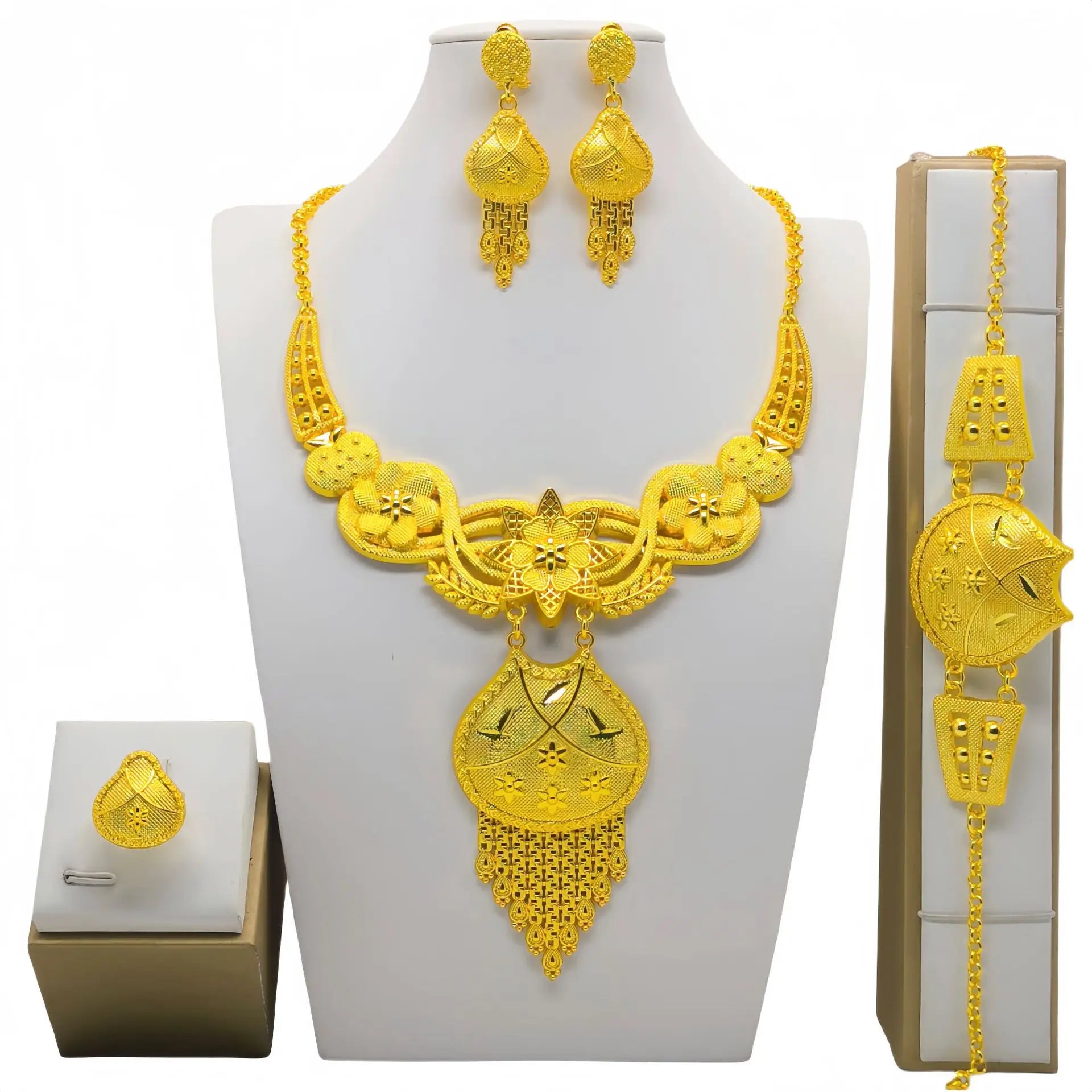 African Alloy Gold Plated Jewelry Dubai Women's Wedding Banquet Flower Necklace Earring Set Accessories