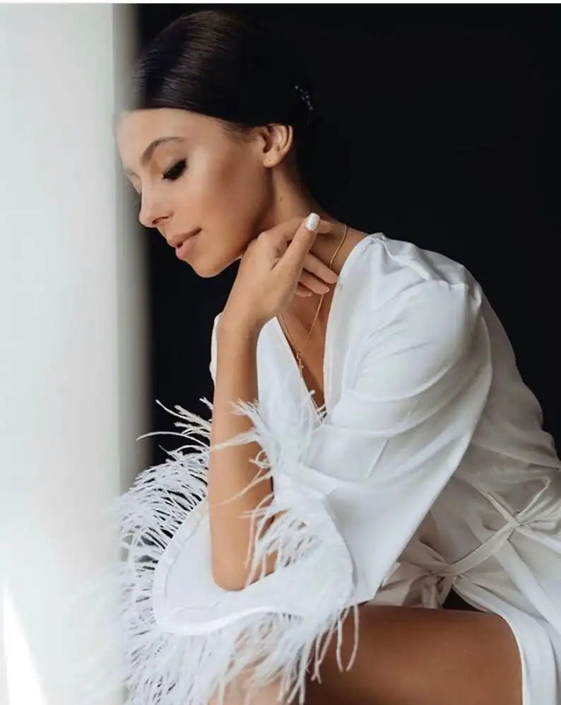 Long White Feather on Sleeves Silk Robe Bridal Robe Night Dress Woman Design Bride Robe
