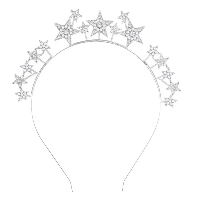 Q&Y Wholesale Bling Wedding Party Hair Accessories Fashion Pearl Diamond Crystal Star Tiara Shining Celebrating Crown Hair Hoop