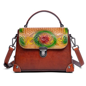 Custom Logo Vintage 3D Floral Embossed Genuine Leather Handbag Women Luxury Cowhide Top Handle Bag Designer Tote Handbags