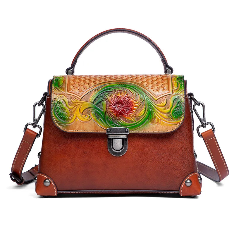 OEM Genuine Leather Women's Handbag with Custom Logo Embossed Flowers Top Handle for Spring Summer Autumn Winter Seasons
