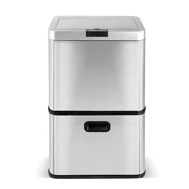 Sustainable 60-Liter Sensor Trash Can With 3 Compartments Silver Stainless Steel Standing Structure for Home School