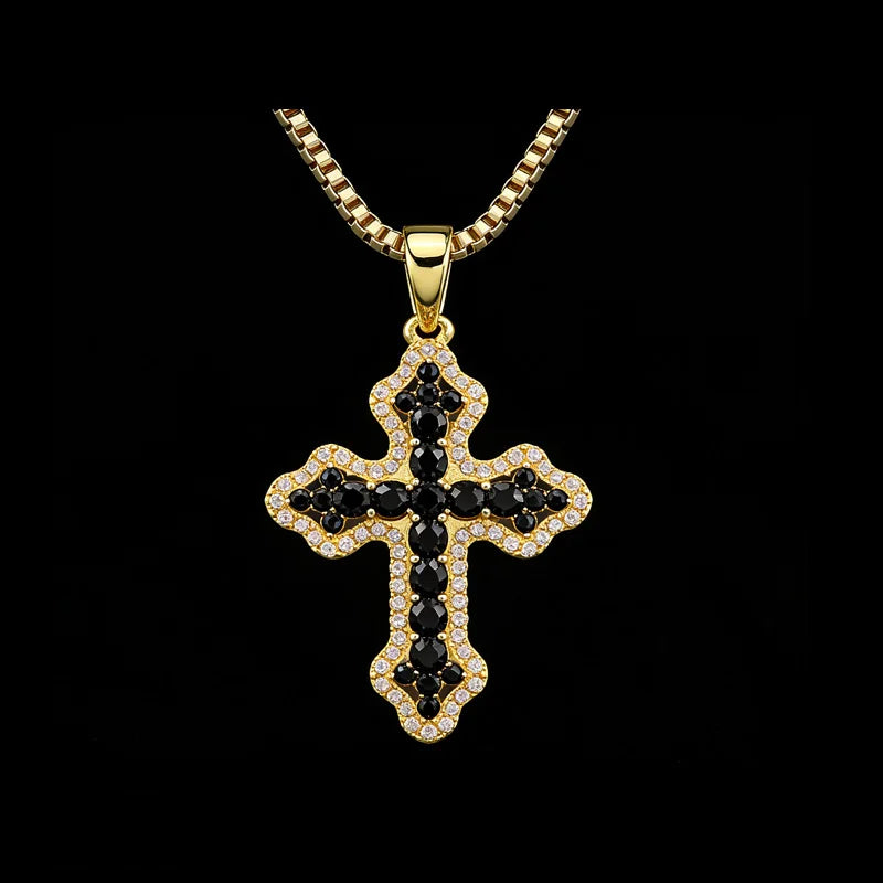 Hip Hop Religious Jewelry 925 Sterling Silver Black CZ Cross Pendant Charm for Men