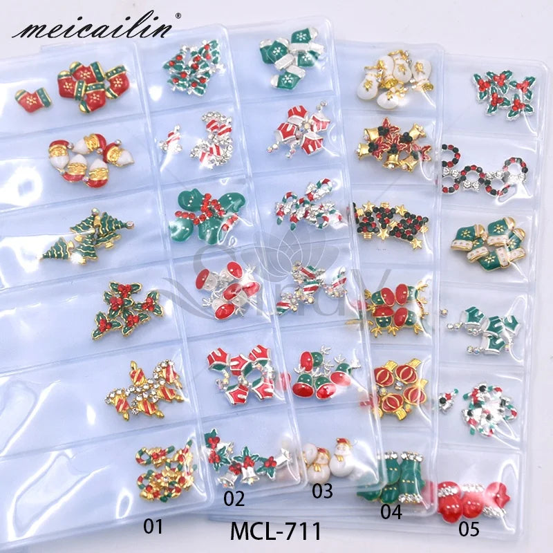2025 Hot Selling Nail Art Decoration Accessories 6 Grids Alloy Christmas Elk Holiday Alloy Nail Art Rhinestone