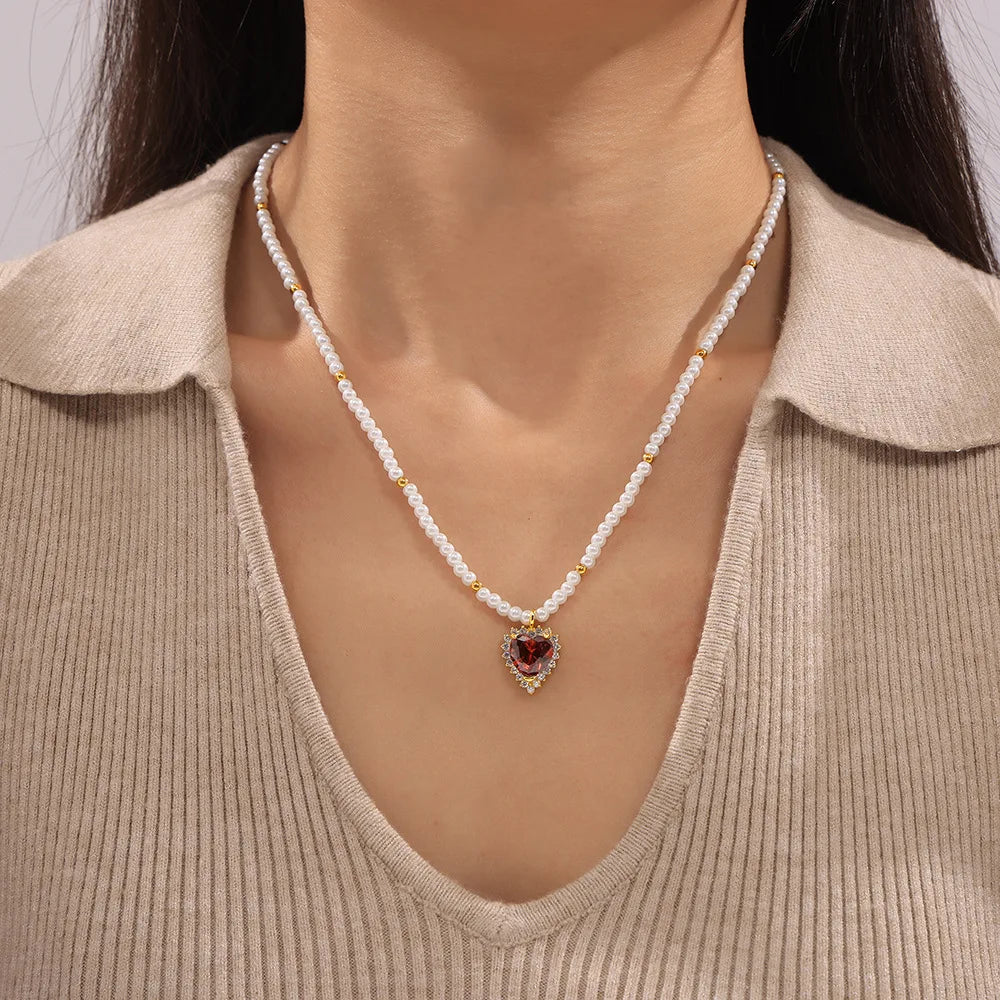 New Style Heart-shaped Zircon Pendant Necklace Titanium Steel Gold-plated Imitation Pearl Design Light Luxury Clavicle