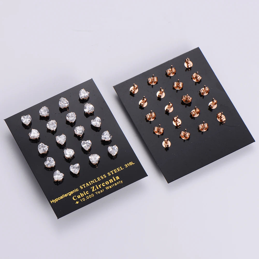 Inoxidable Stainless Steel CZ Stone Zircon Cubic Earring Studs Gold Plated Heart Ear Piercing for Women and Girls for Parties