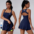 Women's Hollow Back Tennis Dress With Removable Padding and Shorts Pockets Square Neck Sleeveless Golf Pickleball Dress Outfits