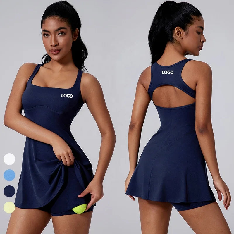 Women's Hollow Back Tennis Dress With Removable Padding and Shorts Pockets Square Neck Sleeveless Golf Pickleball Dress Outfits